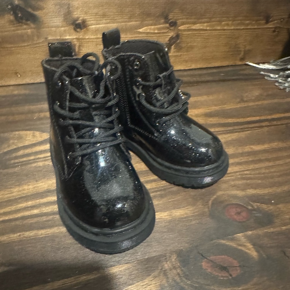 Black Combat Boots with Glossy Finish and Chunky Sole